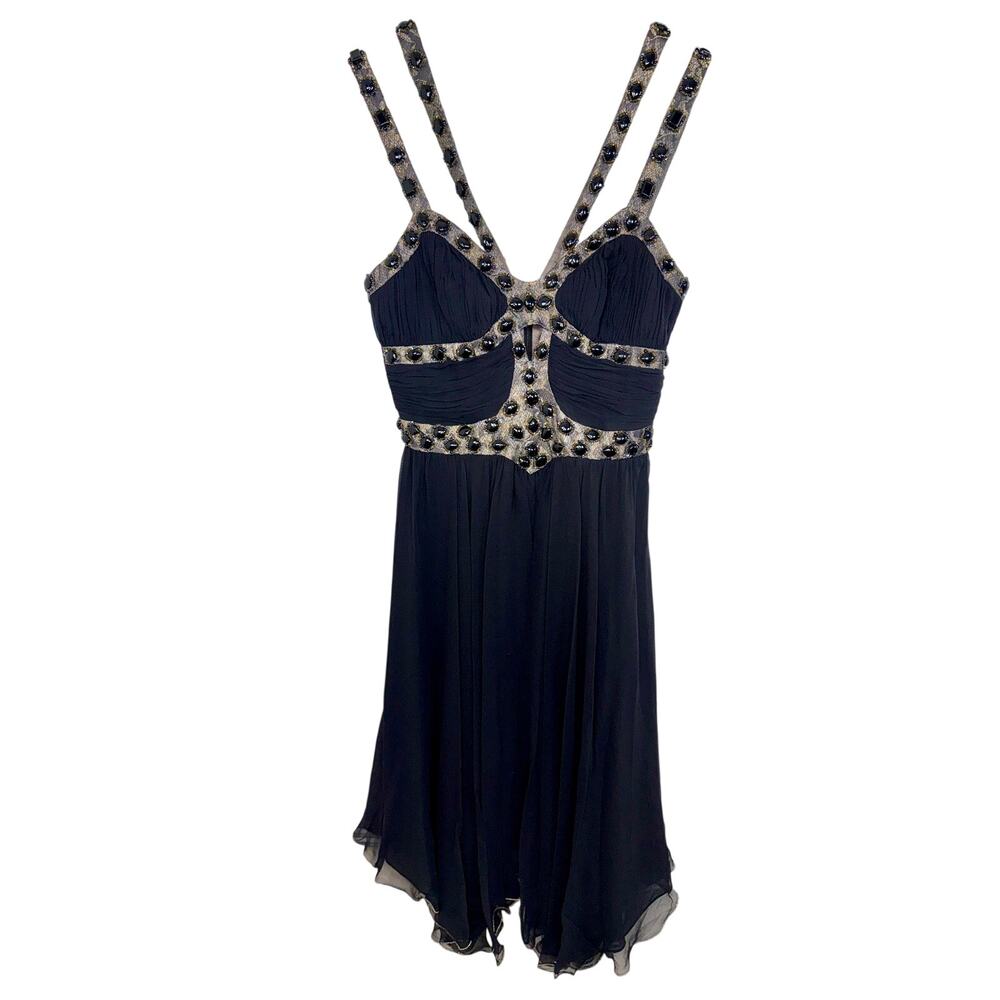 NWT Mandalay Black Silk Beaded Embellished Sleeveless Midi Cocktail Dress Size 6